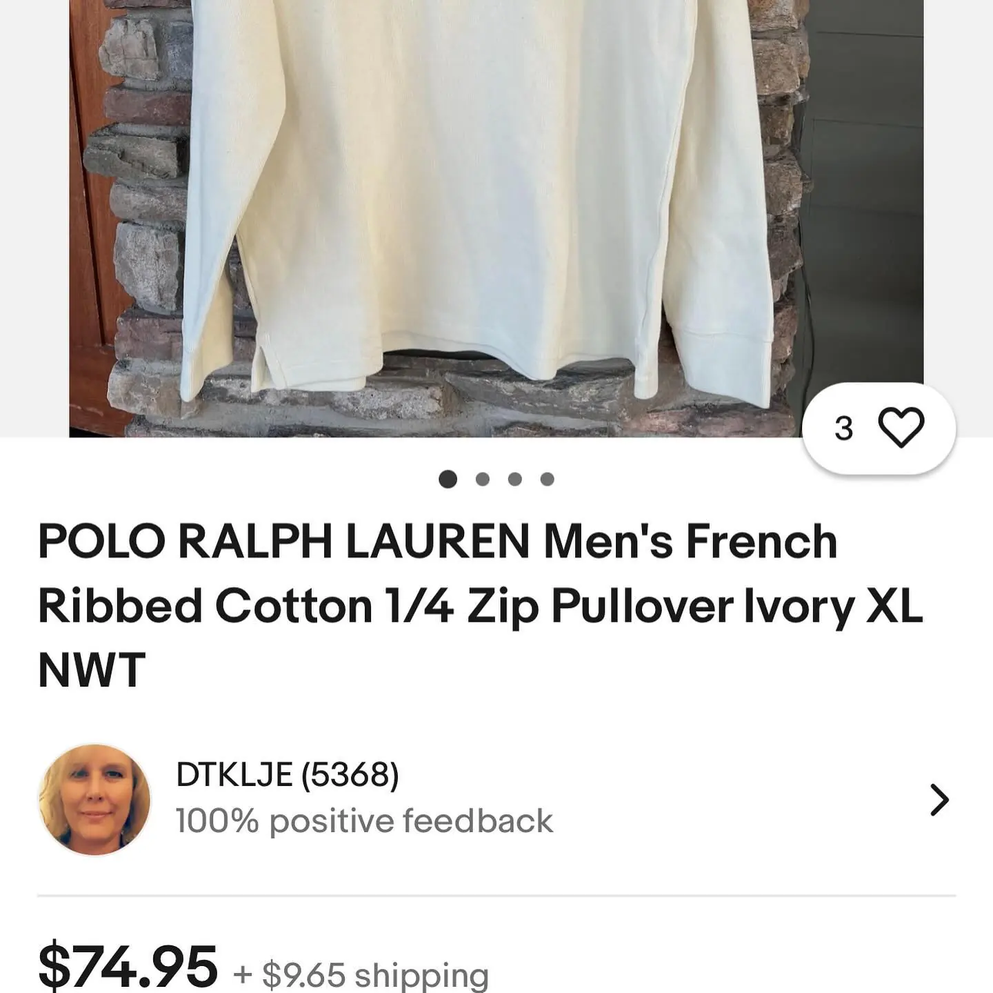 POLO RALPH LAUREN Men’s French Ribbed Cotton 1/4 Zip Pullover Ivory XL NWT, view 8 of 8