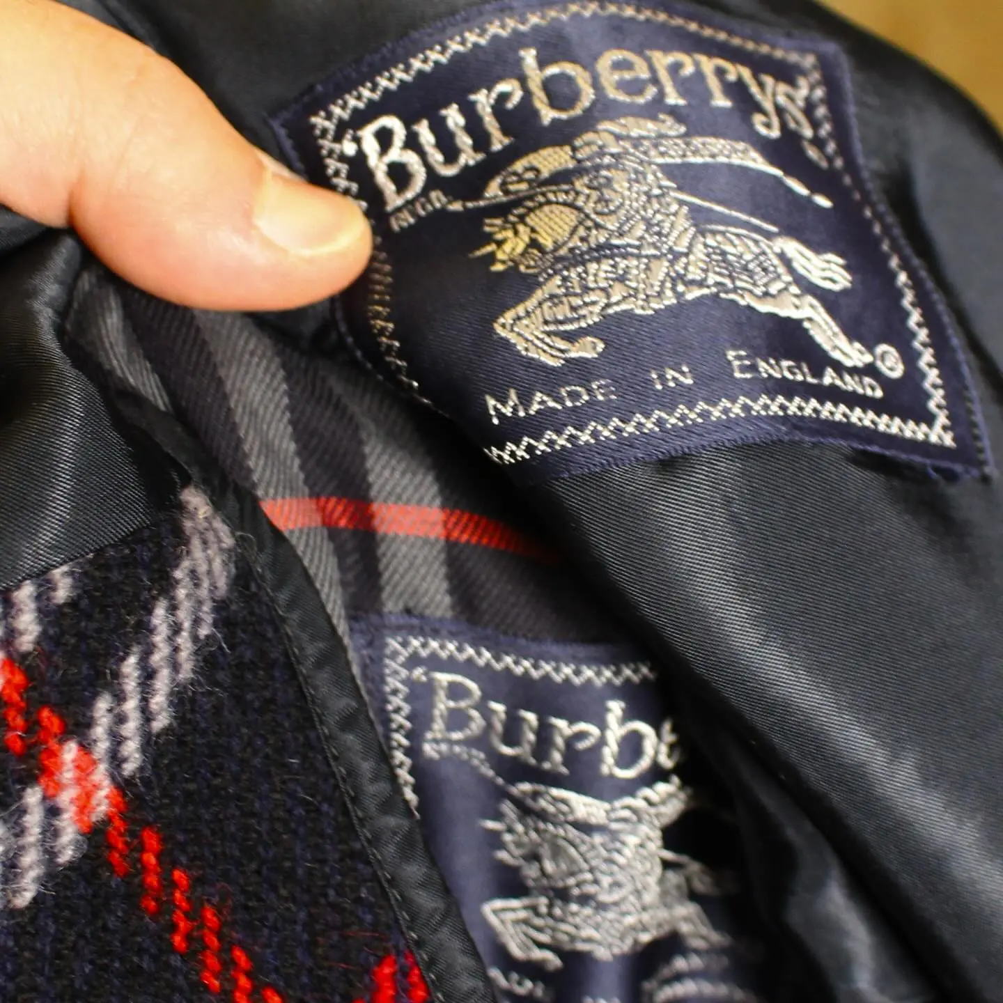 Vintage Burberry’s for Harrods trench coat in navy. Nova Check zippered lining included., view 1 of 8