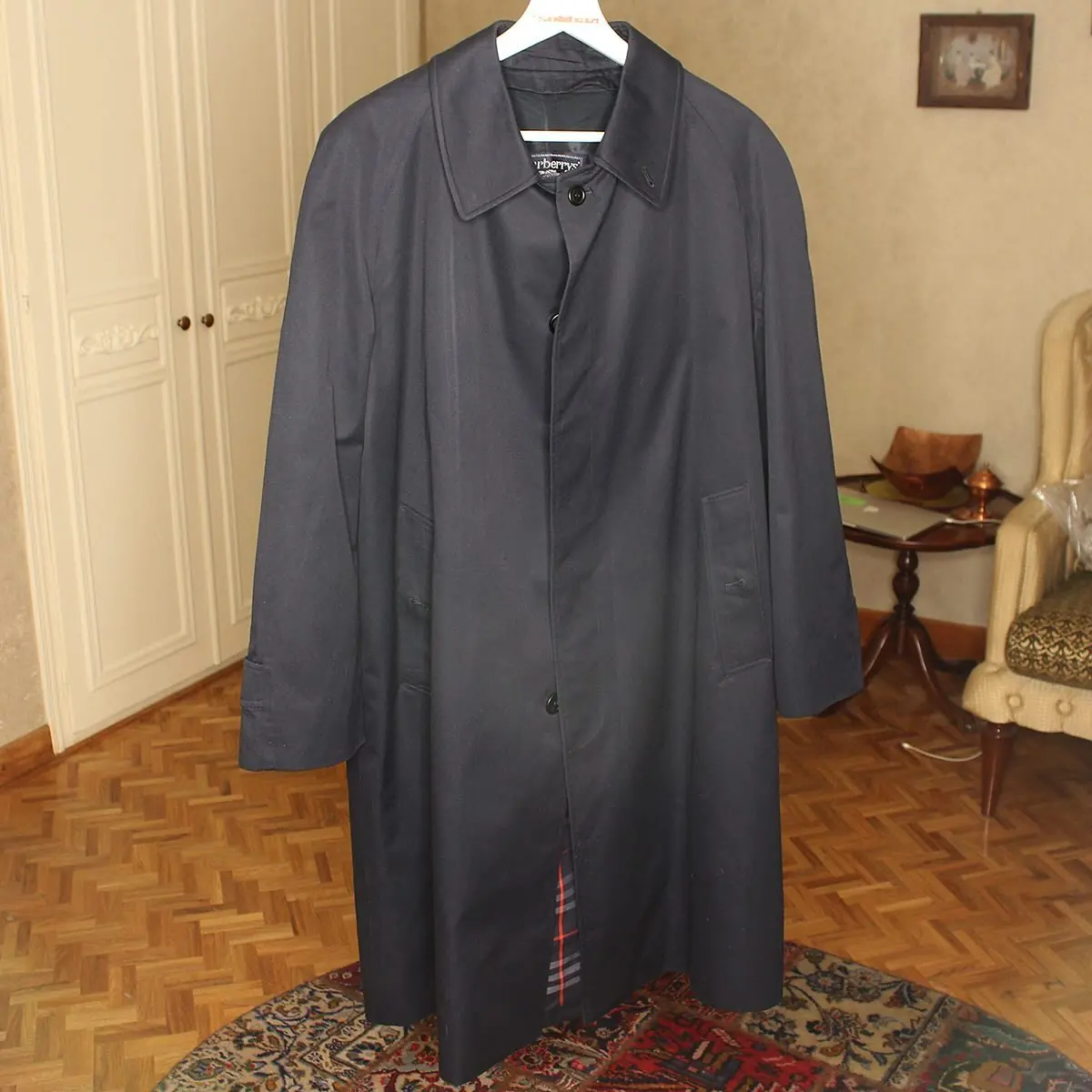 Vintage Burberry’s for Harrods trench coat in navy. Nova Check zippered lining included., view 2 of 8