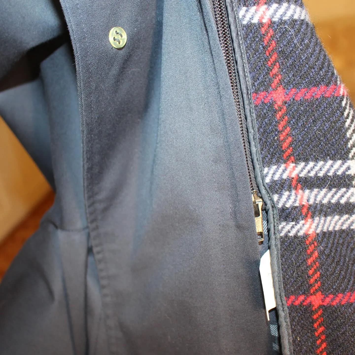 Vintage Burberry’s for Harrods trench coat in navy. Nova Check zippered lining included., view 7 of 8