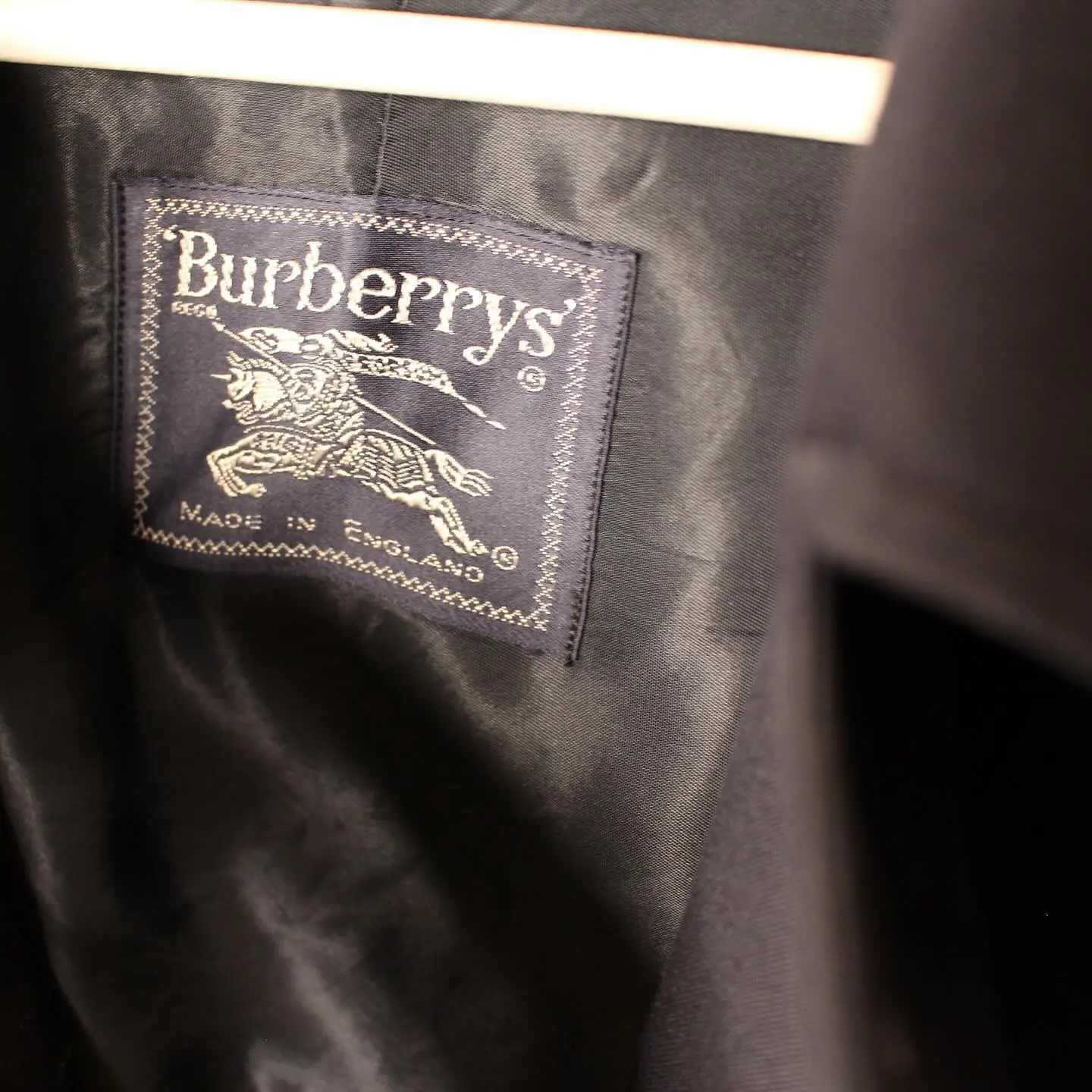 Vintage Burberry’s for Harrods trench coat in navy. Nova Check zippered lining included., view 8 of 8