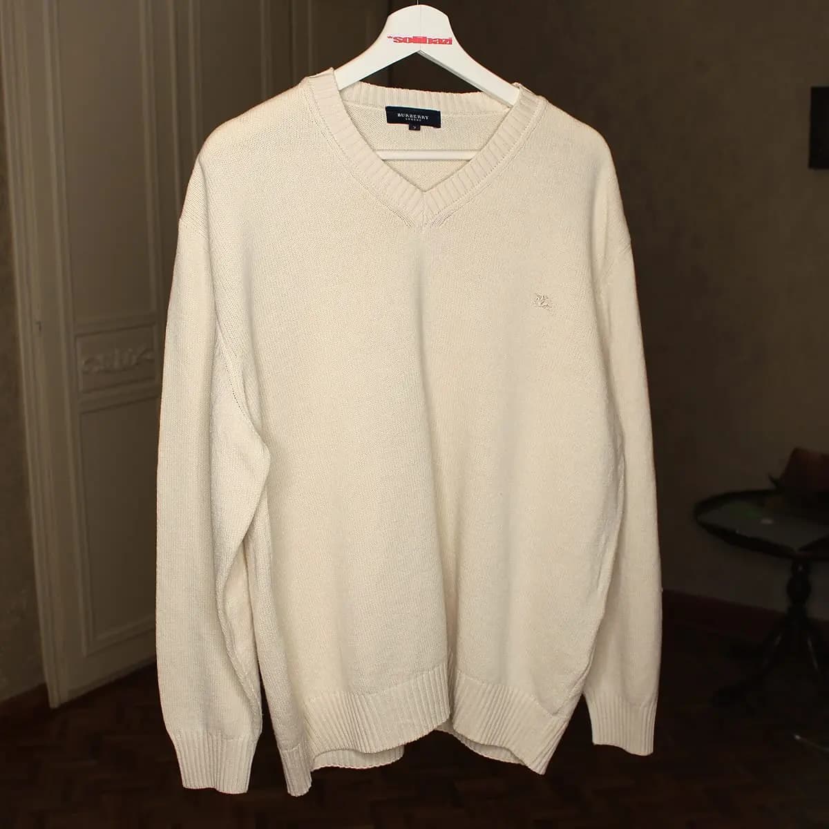 Burberry Vintage Beige Merino Wool V Neck Sweater, view 2 of 7