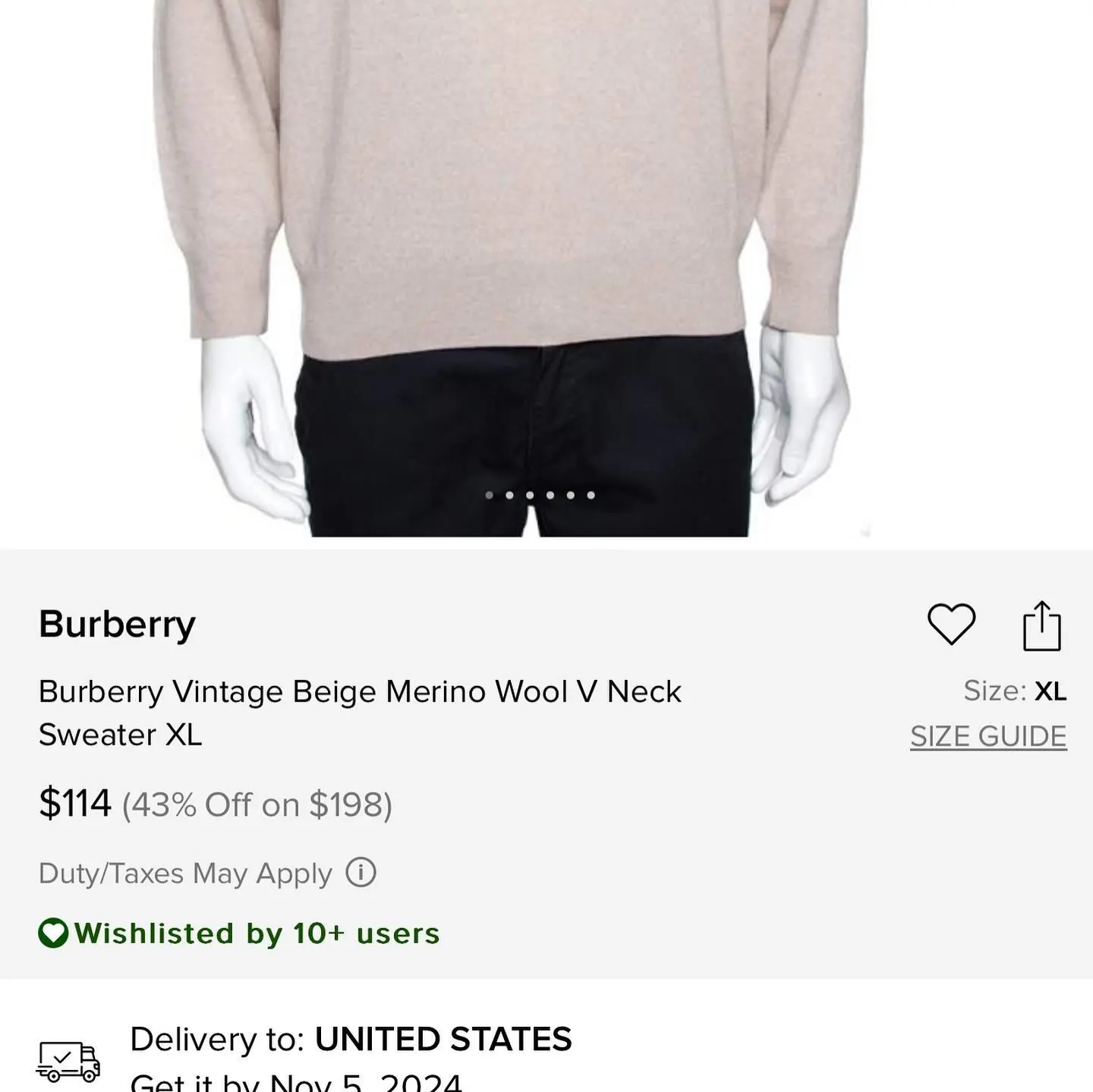 Burberry Vintage Beige Merino Wool V Neck Sweater, view 7 of 7