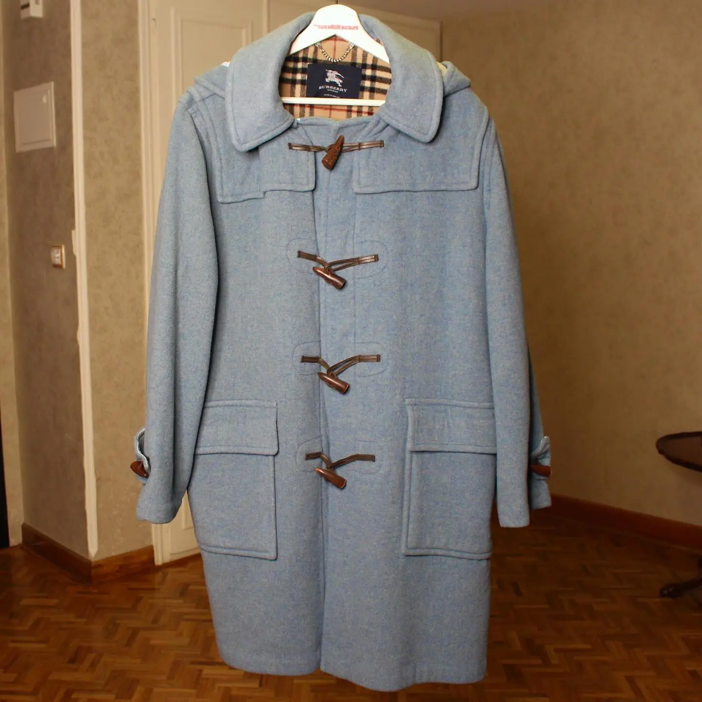 Burberry Men’s dusty blue and Burberry checkered pattern lining Duffle Coat, view 2 of 8