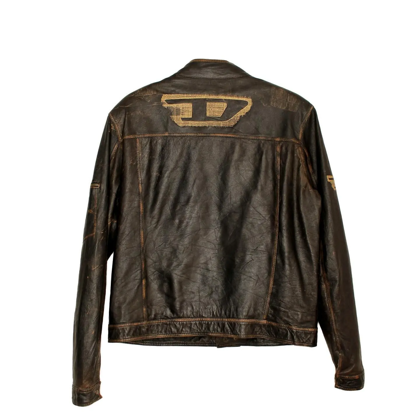Diesel 90s Vintage dual-zipper front, Cropped Leather Jacket with iconic Diesel “D” shaped zippers and the “Only the Brave” logo printed on the lining, view 1 of 1