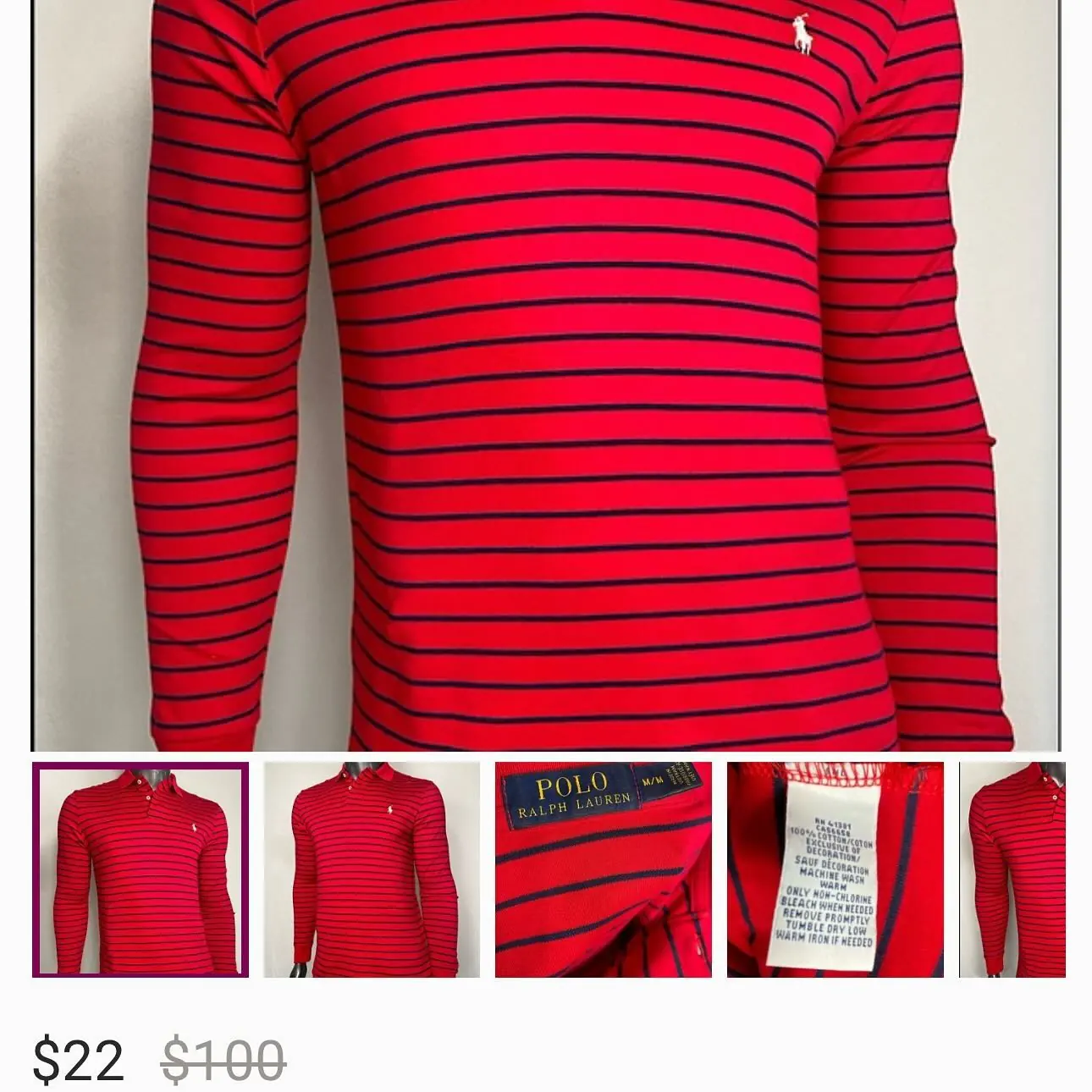 Polo Ralph Lauren red and navy striped long-sleeve polo, view 2 of 2