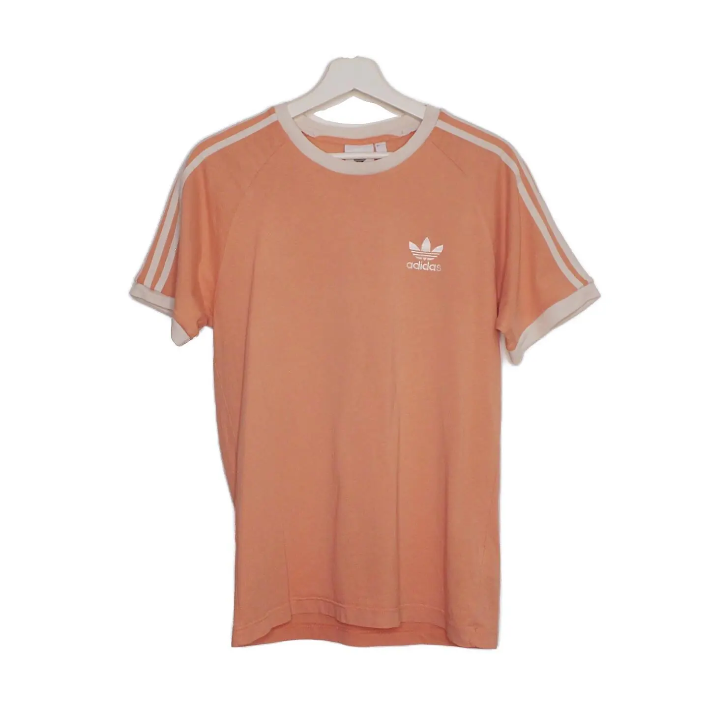 ADIDAS ORIGINALS SHORT SLEEVE CREW NECK THREE STRIPE T-SHIRT in “CORAL”, view 1 of 2
