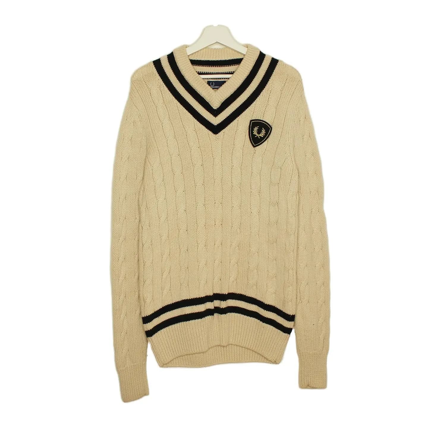 Fred Perry V Neck Cable Knit In Off White, view 1 of 4
