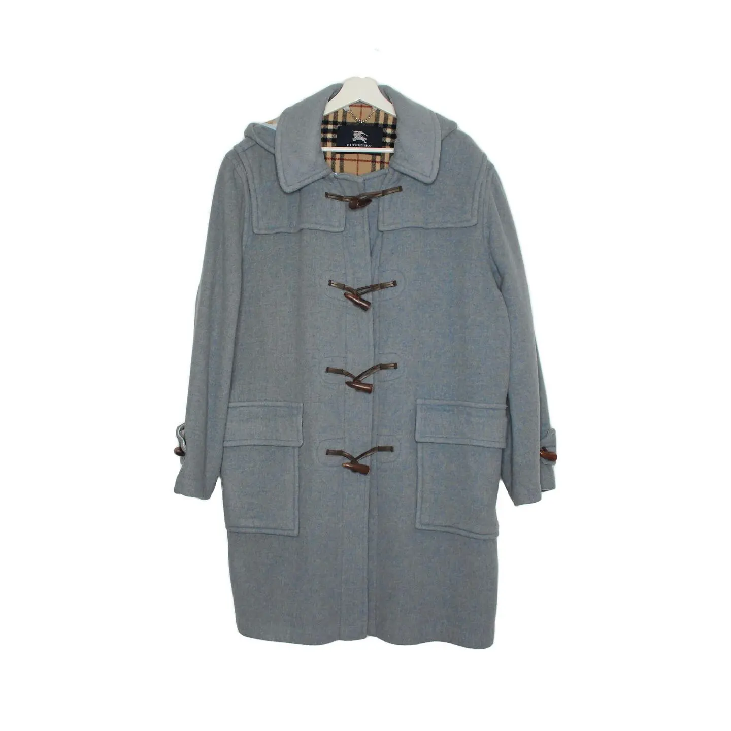 Burberry Men’s dusty blue and Burberry checkered pattern lining Duffle Coat, view 1 of 8
