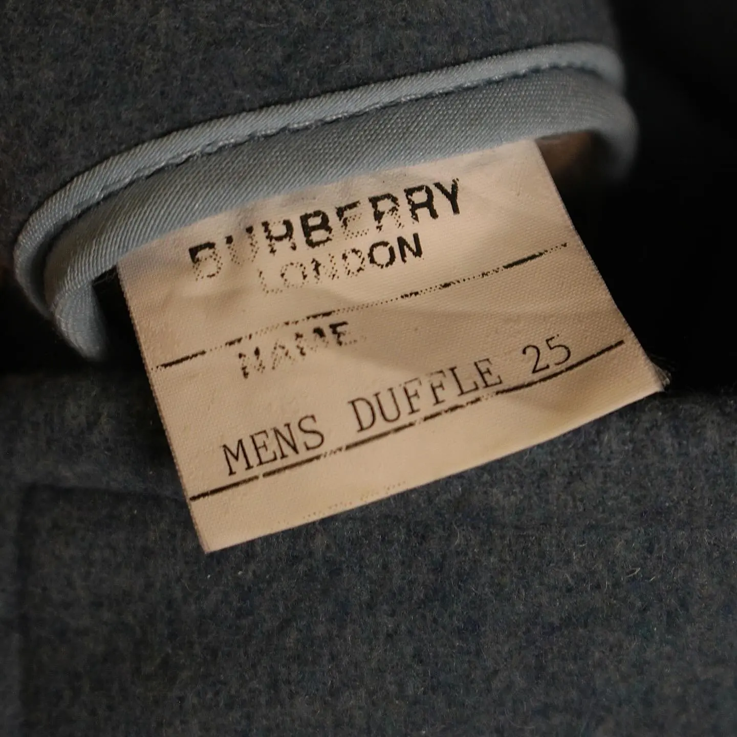 Burberry Men’s dusty blue and Burberry checkered pattern lining Duffle Coat, view 7 of 8