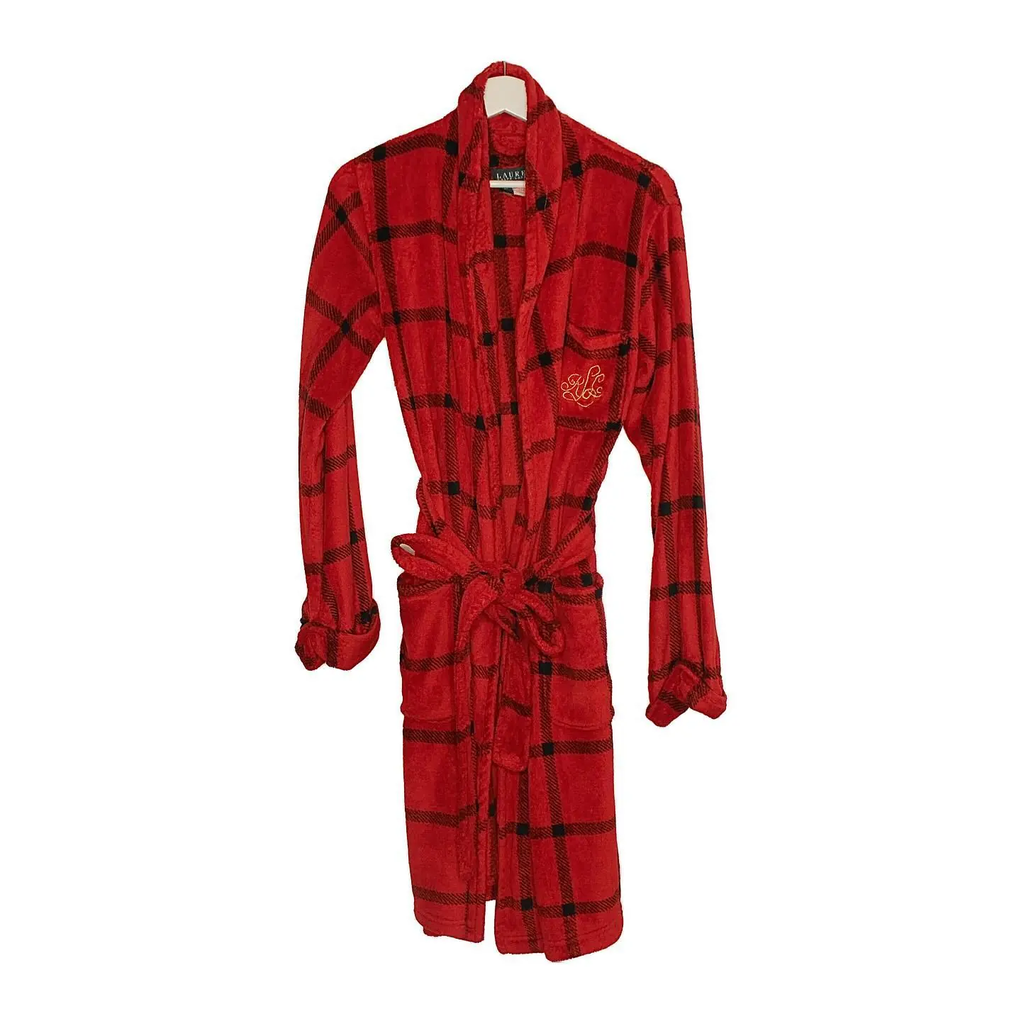 Vintage Classic Ralph Lauren RLL robe with a red and black plaid pattern and embroidered RLL logo, view 1 of 4