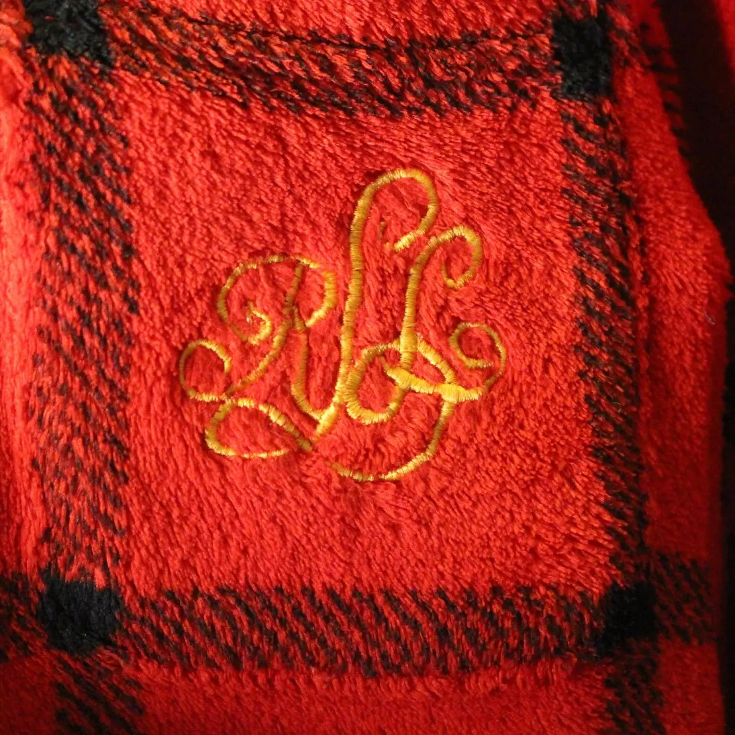 Vintage Classic Ralph Lauren RLL robe with a red and black plaid pattern and embroidered RLL logo, view 3 of 4